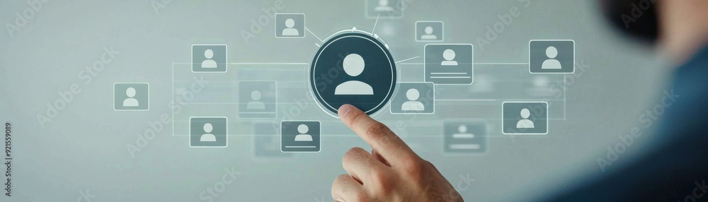 Poster a person interacting with digital profiles on a screen, representing online connections and social n