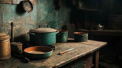 Authentic 1910s kitchen setting with period-appropriate cookware, home cooking, comfort