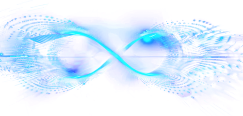 Abstract infinity symbol rendered in vibrant blue and purple hues, with glowing lines radiating outward on a black background.