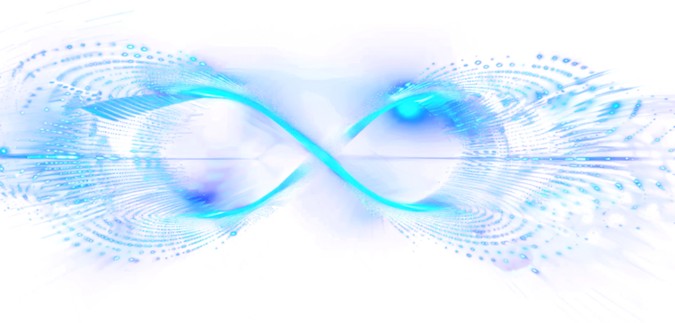 Abstract infinity symbol rendered in vibrant blue and purple hues, with glowing lines radiating outward on a black background.