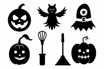 Halloween broom black silhouette vector icon set