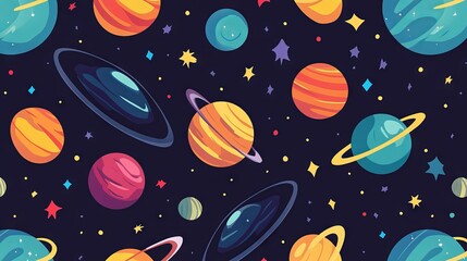 Seamless pattern with planets and comets. Texture with space objects in flat style