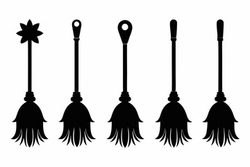 Naklejka premium Halloween broom black silhouette vector icon set
