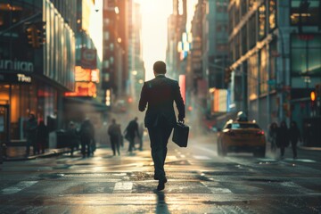 A businessman walks confidently through a bustling urban street at sunset, silhouetted against...