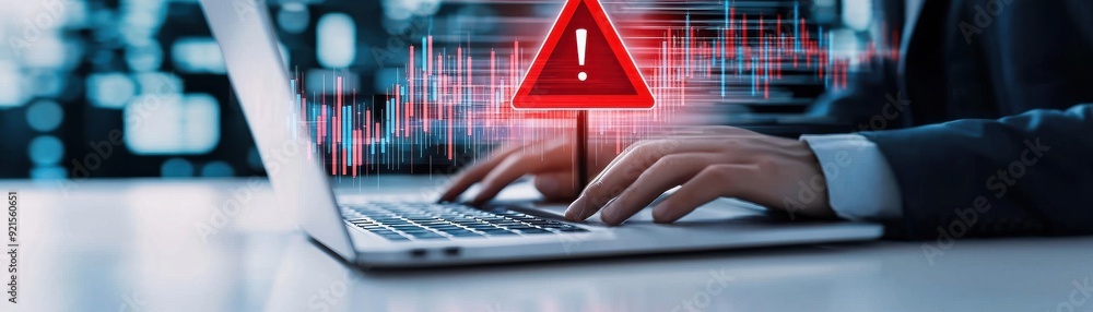 Poster a person using a laptop with a visible warning alert, symbolizing digital threats and cybersecurity 