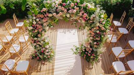 Naklejka premium Wedding arch decorated with pink and white roses, soft focus