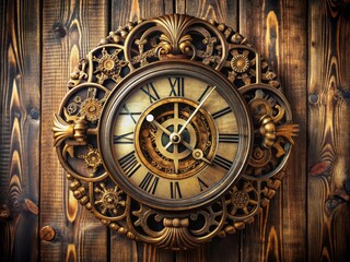 Obraz premium An intricately crafted, vintage-inspired mechanical timepiece with Roman numerals and ornate details rests on a worn, wooden background, exuding a sense of nostalgia and tradition.