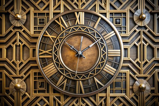Intricately designed Art Deco clock features geometric patterns, metallic accents, and bold numerals, evoking the glamour and sophistication of a bygone era.
