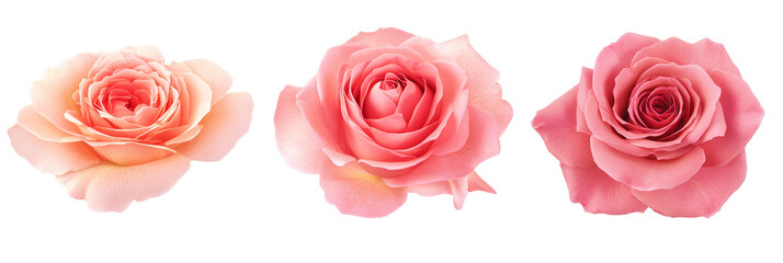 Fototapeta premium Three pink roses with varying shades are presented against a black background. The delicate petals and the intricate details of the roses create a sense of beauty and elegance. Transparent background.