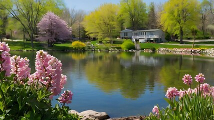 Fototapeta premium lake with a path leading to a tree with pink blossoms.