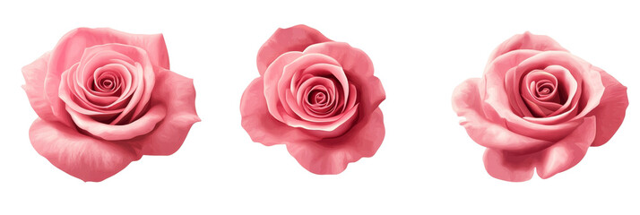 Fototapeta premium Three pink roses isolated on a black background, perfect for floral design and romantic projects. These delicate roses symbolize love, beauty, and elegance. Transparent background.