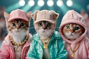 Three Cool Cats: A trio of adorable kittens in stylish outfits, sporting gold chains and caps, radiate coolness and charm in this playful and humorous image.  