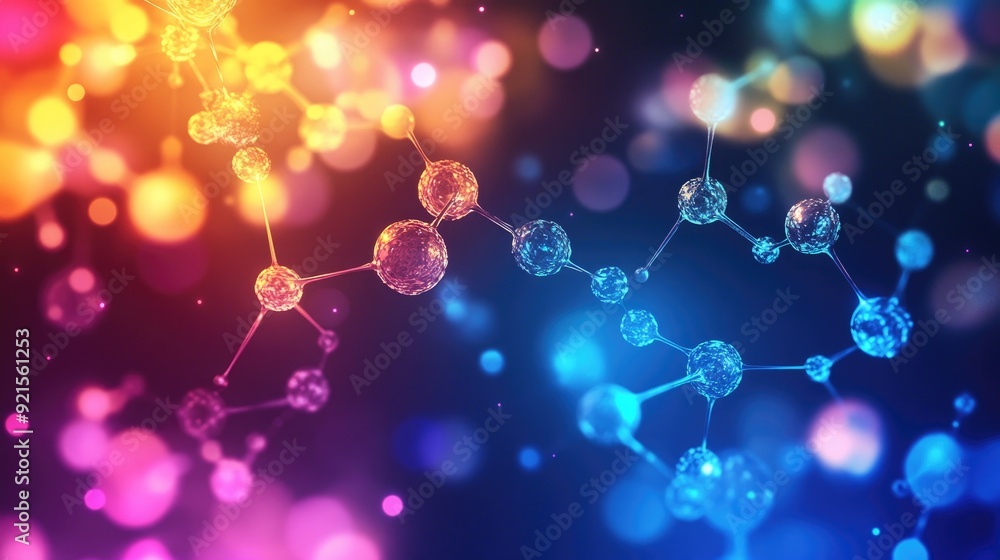 Poster abstract background of biological molecules with colorful lights and a clear area for text