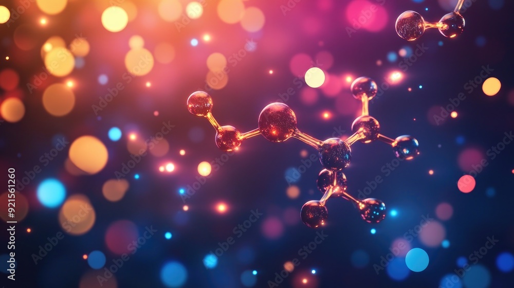 Poster abstract background of biological molecules with colorful lights and a clear area for text