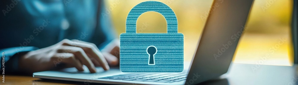 Poster a person working on a laptop with a lock symbol, emphasizing online security and privacy in the digi