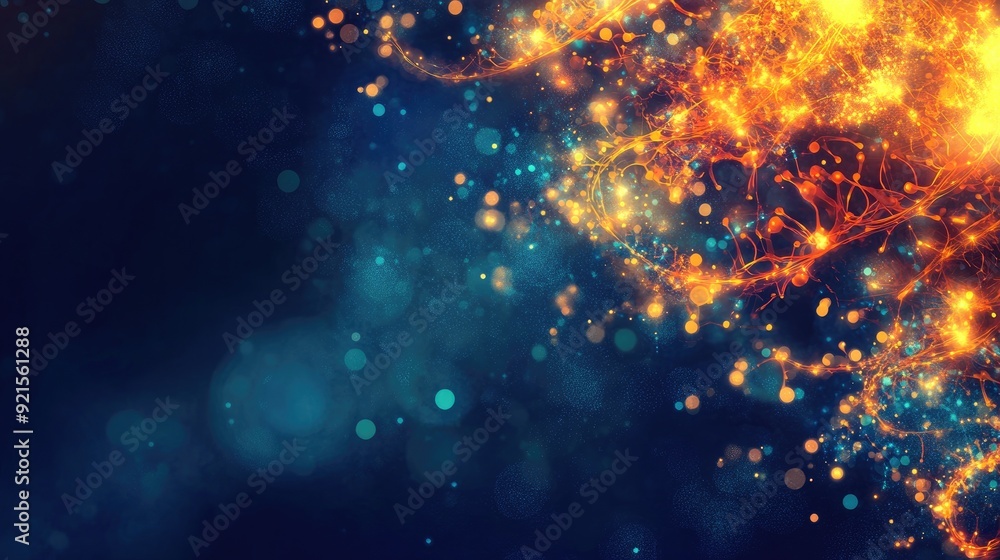 Poster abstract background with glowing biological elements and a section for text