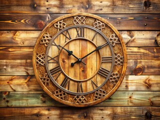 Obraz premium Rustic wooden wall clock with Roman numerals and ornate details hangs on a distressed wooden background, adding a touch of vintage charm to any room.