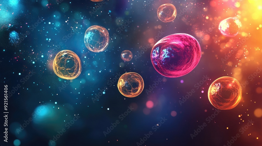 Fototapete abstract biological science background with colorful glowing cells, with ample space for text