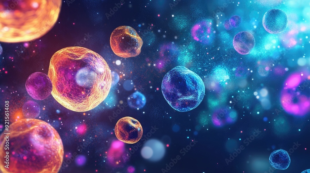 Fototapete abstract biological science background with colorful glowing cells, with ample space for text