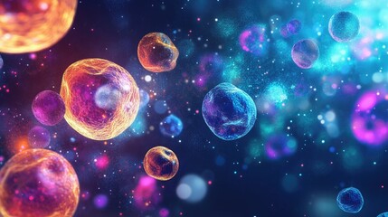Abstract biological science background with colorful glowing cells, with ample space for text