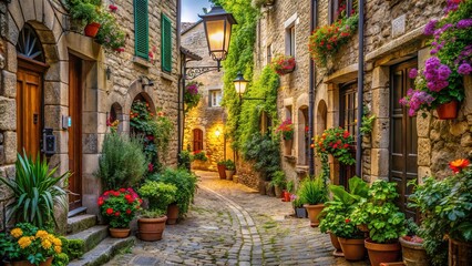 Narrow cobblestone alleyway lined with ancient stone buildings, vintage streetlamps, and overflowing flower planters, evoking a sense of European charm and historical mystery.
