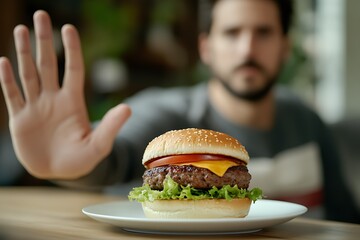 Man Resisting Temptation of Delicious Hamburger.