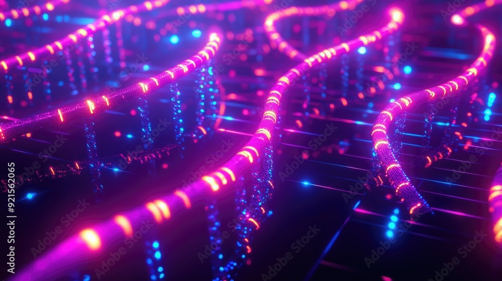 Poster abstract genetic code illuminated with neon lights, featuring a designated area for text