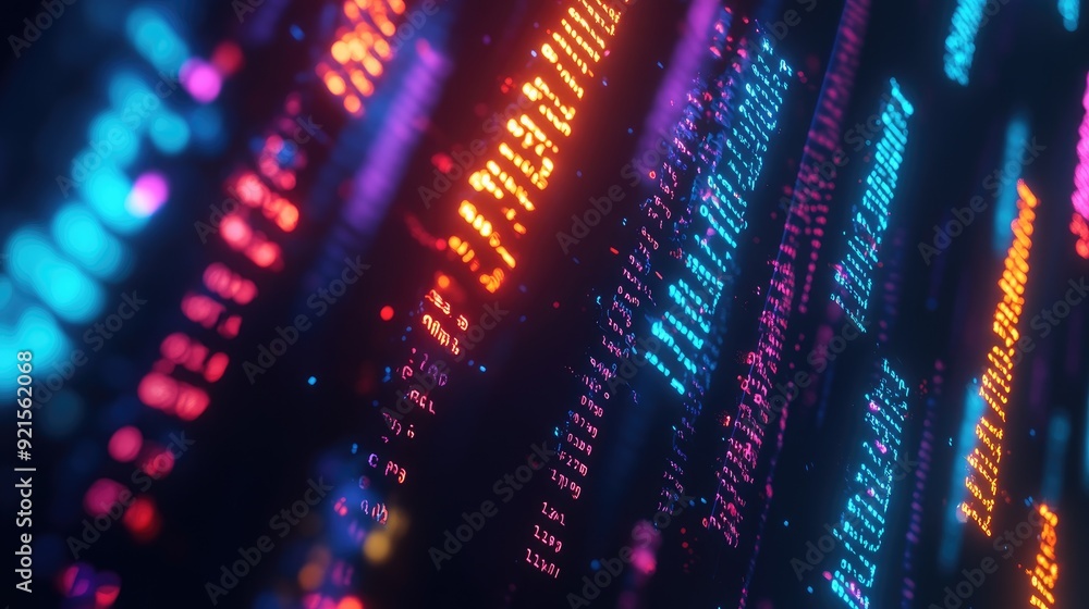 Poster abstract genetic code illuminated with neon lights, featuring a designated area for text