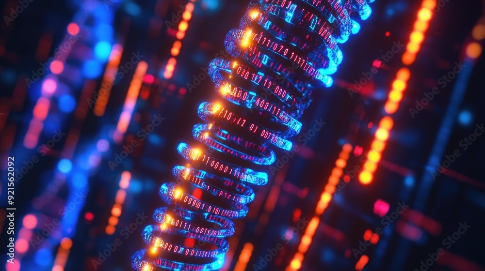 Poster abstract genetic code illuminated with neon lights, featuring a designated area for text