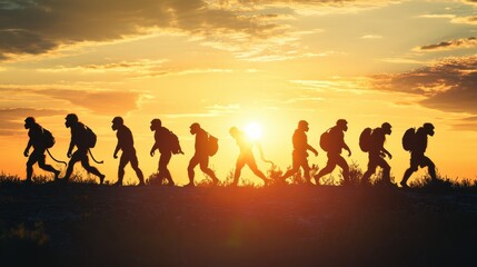Fototapeta premium Human evolution. A study of the sequence of biological evolution of Homo sapiens. monkey, ape, ancient humans, modern humansShadows reflecting light when the sun sets. Silhouette concept