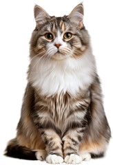 A fluffy gray and white cat with green eyes sits with its paws neatly tucked under its body.