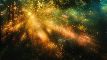 Fototapeta premium Abstract light rays weaving through a forest, symbolizing spiritual growth and the dawn of a new day
