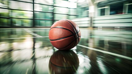 Red Basketball Amidst Reflections on Wet Ground