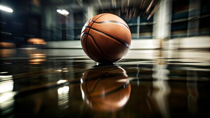 Red Basketball on a Gleaming Wet Floor