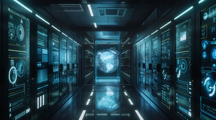 a digital fortress or secure server room with fortified walls, biometric access points, and surveillance systems, highlighting the concept of protecting sensitive data.