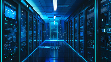 a digital fortress or secure server room with fortified walls, biometric access points, and surveillance systems, highlighting the concept of protecting sensitive data.