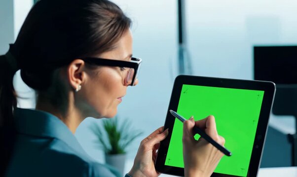 Chroma Green Screen Medium Portrait of Young Woman Annotating Document on Tablet