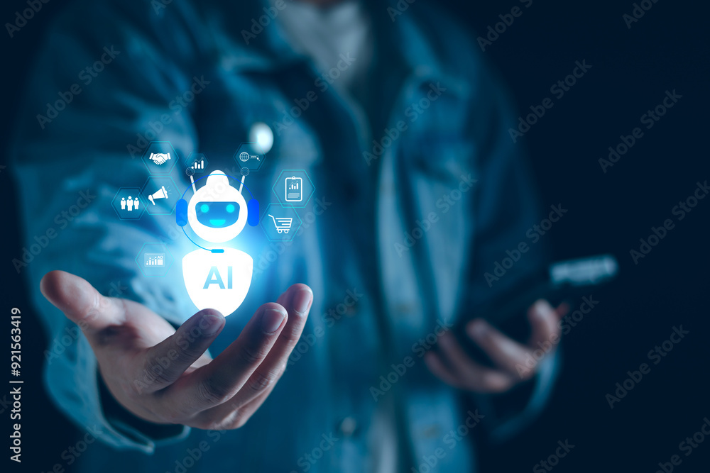 Poster business iot ai automation concept, business man with virtual ai automation connect internet of thin