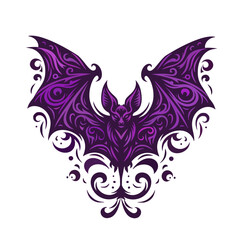  Purple bat tattoo design, symmetrical, vector illustration, white background, with filigree, gothic style.
