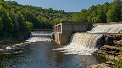 waterfall with a concrete dam in the foreground