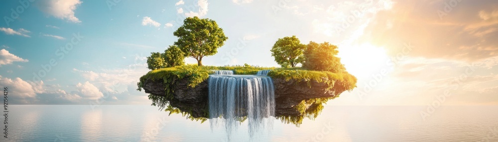 Poster a serene floating island with lush trees and a cascading waterfall under a vibrant sky, emphasizing 