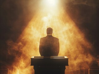 A divine light shining over a church minister delivering an impassioned sermon.
