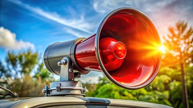 High-pitched siren blares loudly, emitting ear-piercing decibels, signaling urgent warning or emergency situation, filling the air with intense, piercing audio alerts.