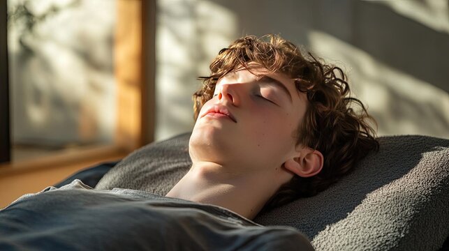 Individual practicing a body scan meditation, lying on a comfortable mat, focusing on each part of the body