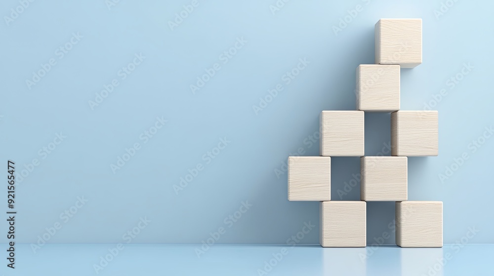 Poster semi close-up of a wooden block hierarchy structure on a light blue background, illustrating organiz