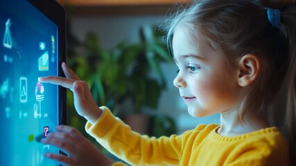 Little girl is touching screen on monitor in smart home technology, Concept of sustainable, efficient, and smart home. Ai Footage. - Powered by Adobe