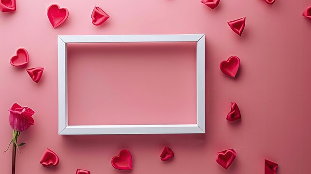 Simple white frame on a pink background, Valentines Day symbols subtly integrated, creating a romantic and stylish display