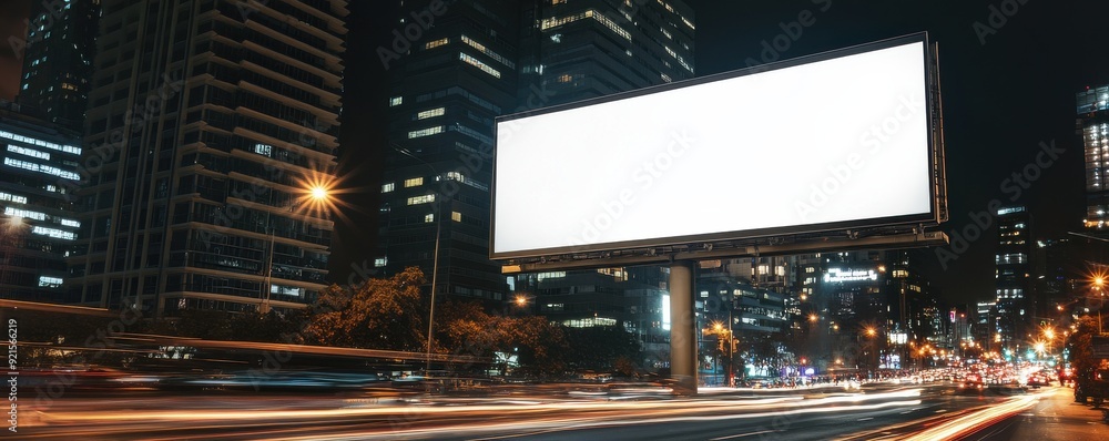 Poster a blank billboard at night in an urban setting, surrounded by illuminated buildings and moving traff