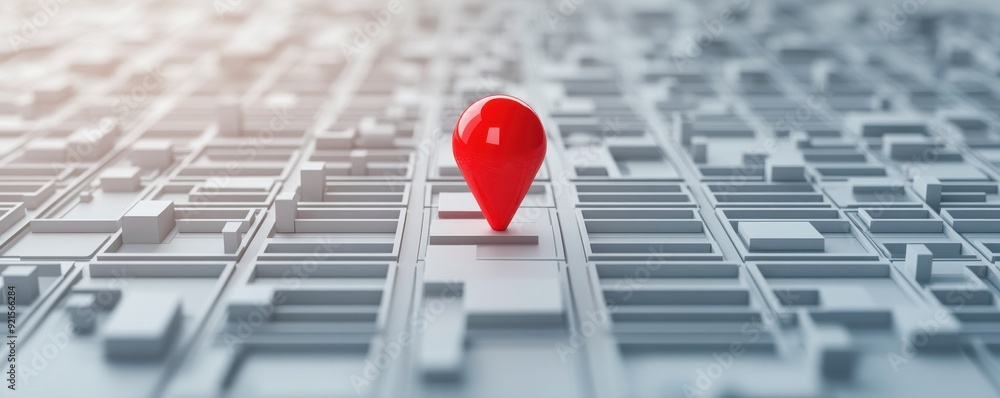 Poster a red location pin on a detailed urban map, symbolizing navigation and geographic information.