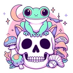 Cute Frog Sitting On Skull With Mushrooms and Moon